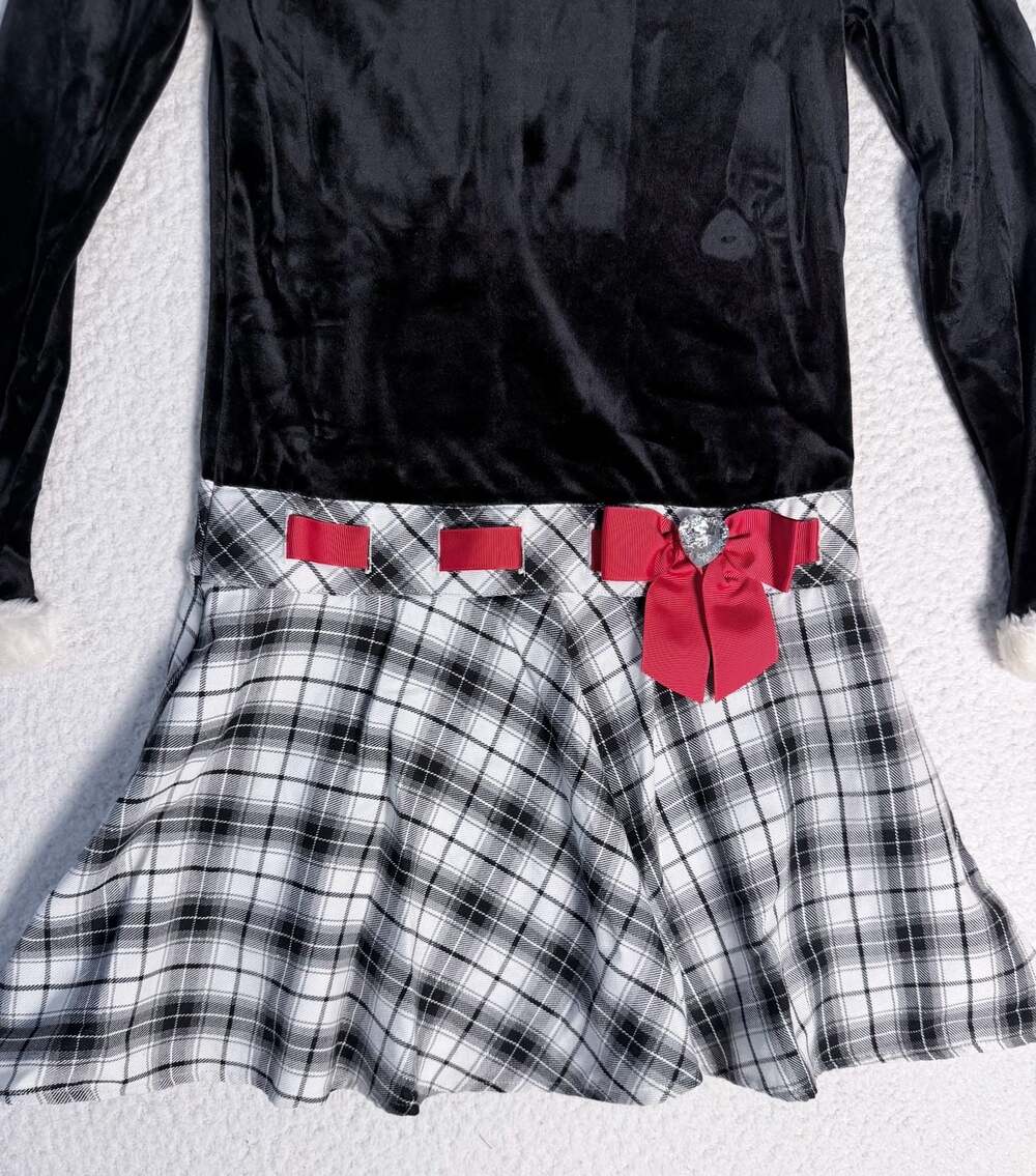 Vintage Dollie & Me Girls Black Velvet Plaid Holiday Dress Faux Fur Trim
